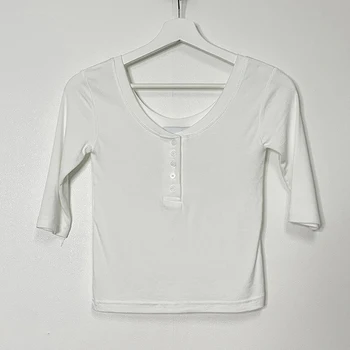 AOSSVIAO-قميص رقيق للنساء ، بلوزة قصيرة ، تي شيرت نحيف ، زر علوي ، أبيض وأسود ، أحادي اللون ، غير رسمي وكوري 5