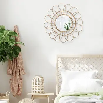

Round Mirror Creativity Handmade Rattan Wall Hanging Makeup Mirror Living Room Bathroom Decoraiton Dressing Mirror