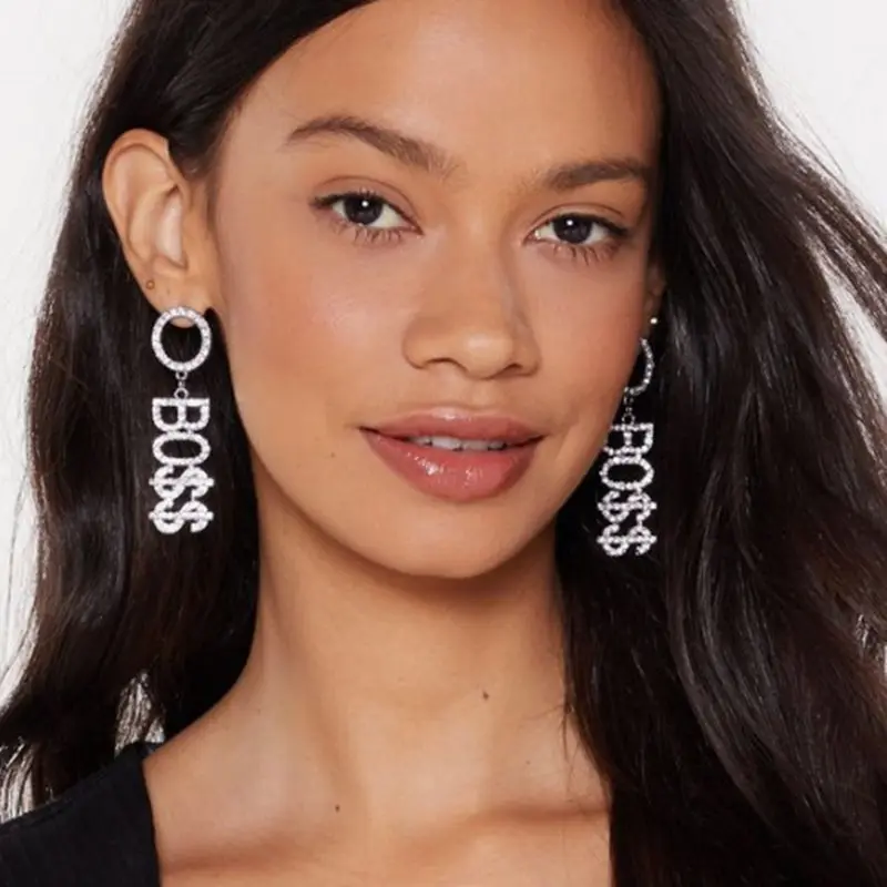 

Exclusive Super Shiny Rhinestone BOSS SAVAGE Letter Dangle Earrings for Women Crystal Long Drop Earrings Jewelry Accessories