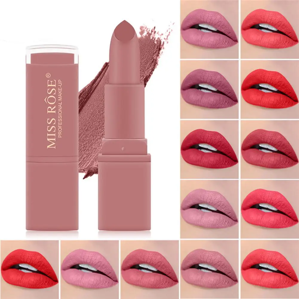 MISS ROSE 12 Colors Lips Makeup Lipstick Lip Gloss Matte Mist Velvet Non Sticky Long Lasting Moisturizing Cream |