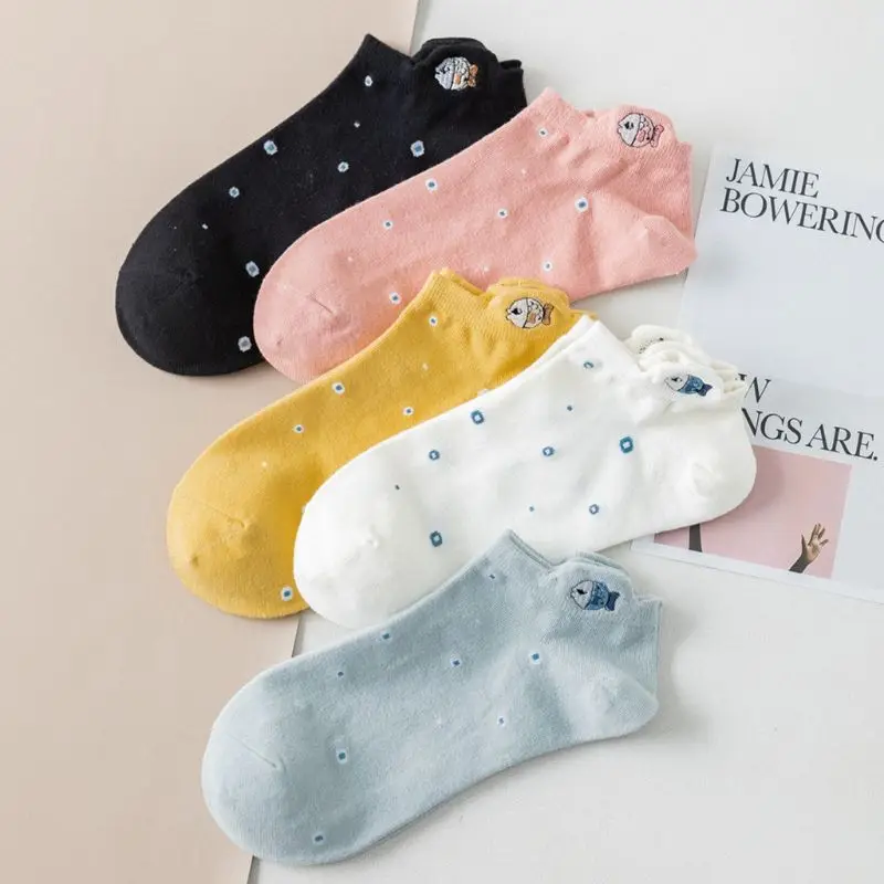 

5 Pairs Japanese Style Women Girls Summer Low Cut Short Boat Socks Cartoon Fish Animal Embroidery Floral Printed Cotton Hosiery