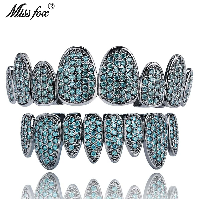 

Missfox Full Zircon Eight-toothed Braces Iced-out Grillz 18k Gold Hiphop Irregular Personality Gold Braces Bling AAA Quality