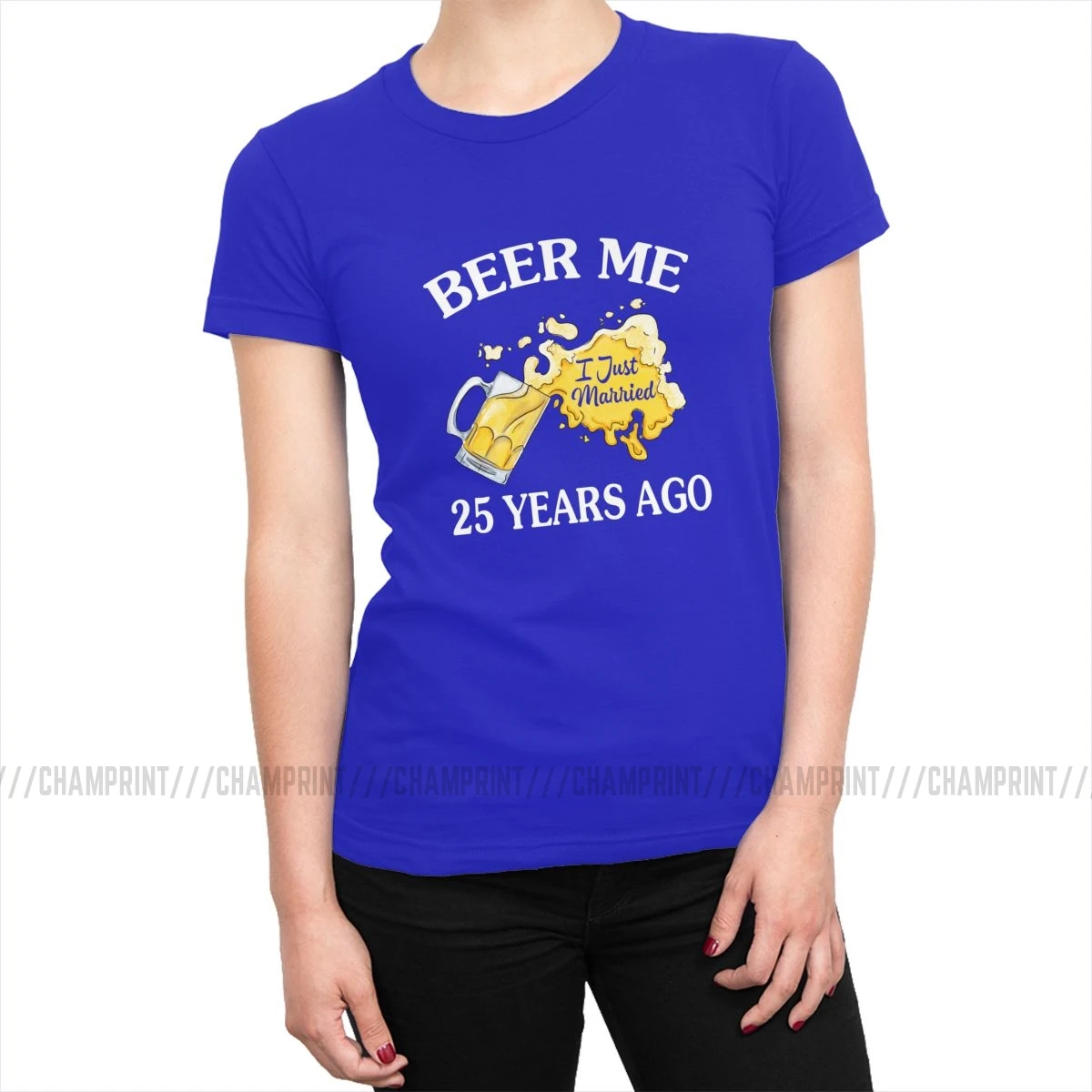Beer Me я только что женат 25 лет назад футболка женская пара Подарок на годовщину футболка Гранж рок тройники топ Женская одежда графический - Цвет: Синий