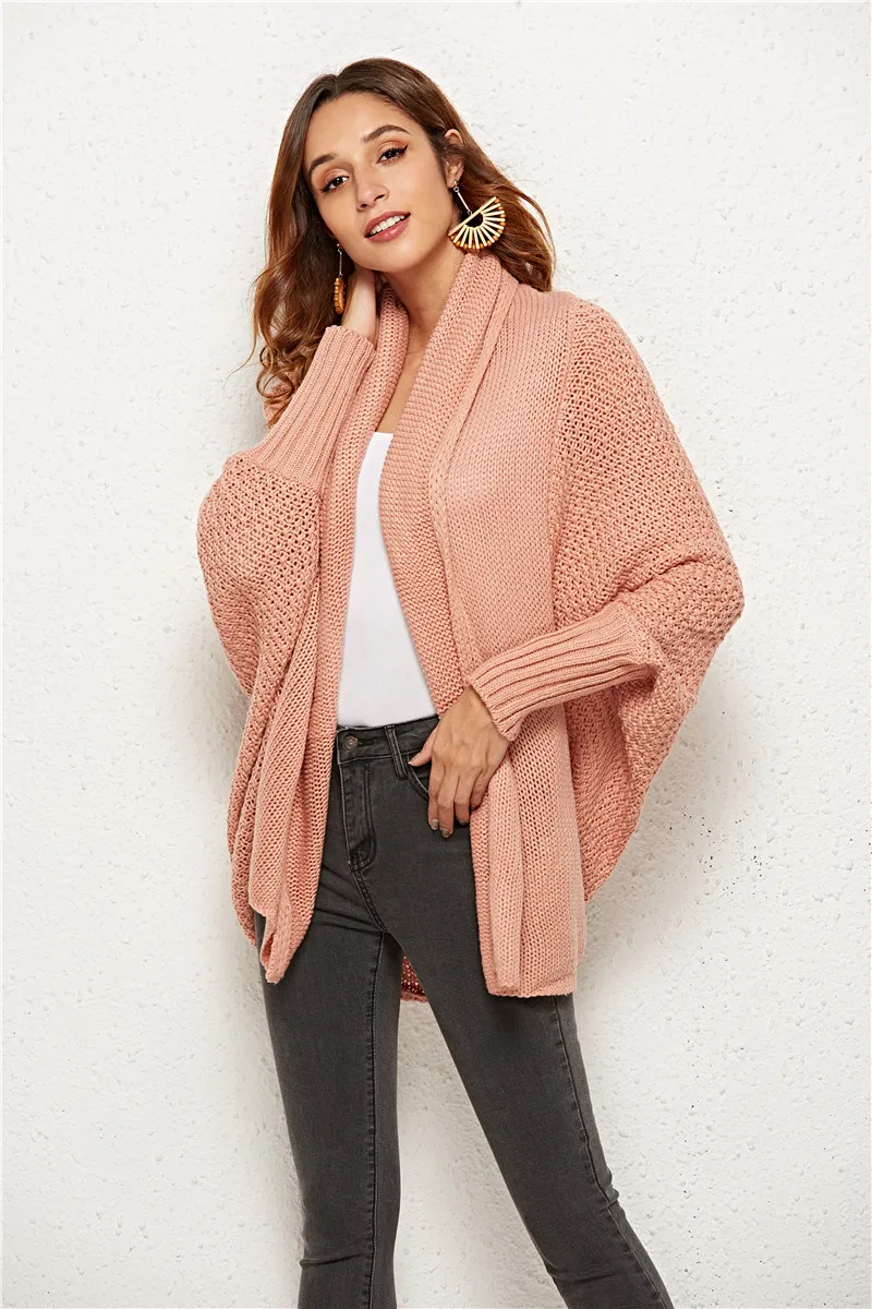 Осенне-зимний свитер, кардиган, женская повседневная одежда, рукав летучая мышь, свободный длинный вязаный кардиган, женский джемпер, пальто, однотонный цвет - Цвет: Розовый