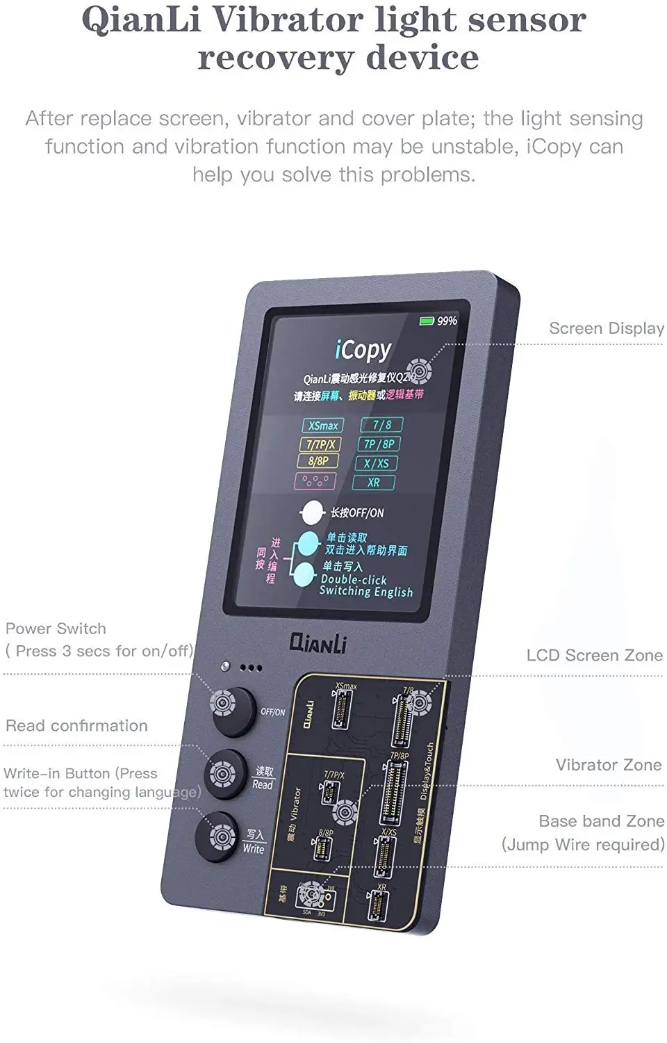 

Qianli iCopy LCD Screen EEPROM Photosensitive Vibrating Motor Programmer Transfer Tester Tool For IPhone LCD Touch Vibrating Mo