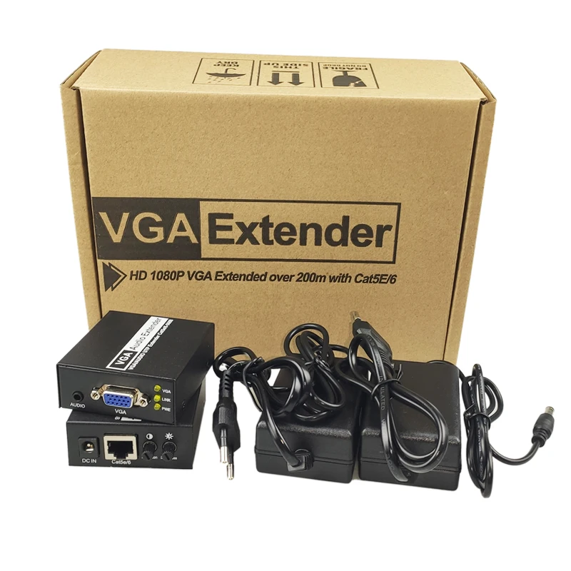 VGA Extender 200m 1xSplitter Transmitter Receiver TX/RX Extender over Cat5e/Cat6 UTP Cable RJ45 LAN Ethernet 1080P