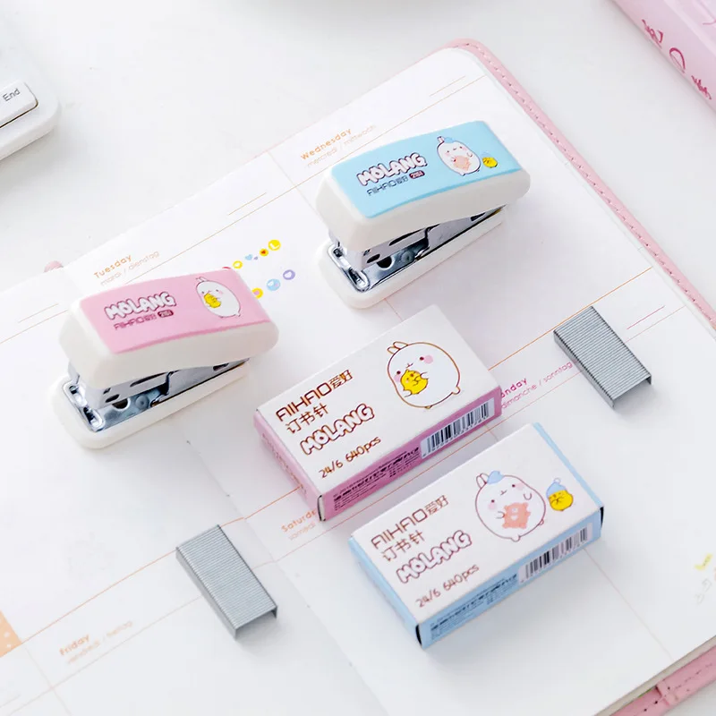 Мини-степлер Molang Rabbit с узорами, милый металлический пластиковый бумажный степлер, школьные офисные принадлежности