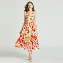 

2021 Summer Fashion Runway Spaghetti Strap Sexy Midi Dresses Women's Vintage Multicolor Floral Print Elgant Holiday Boho Dress