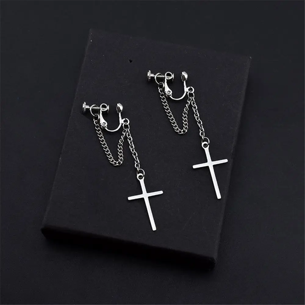 Cross Chain Earrings Gothic Style Silver Plated Dangle Earring Ear Clips Dark Street Women Men No Pierced Punk Jewelry Gift dangle earrings chain ear clips cross earrings