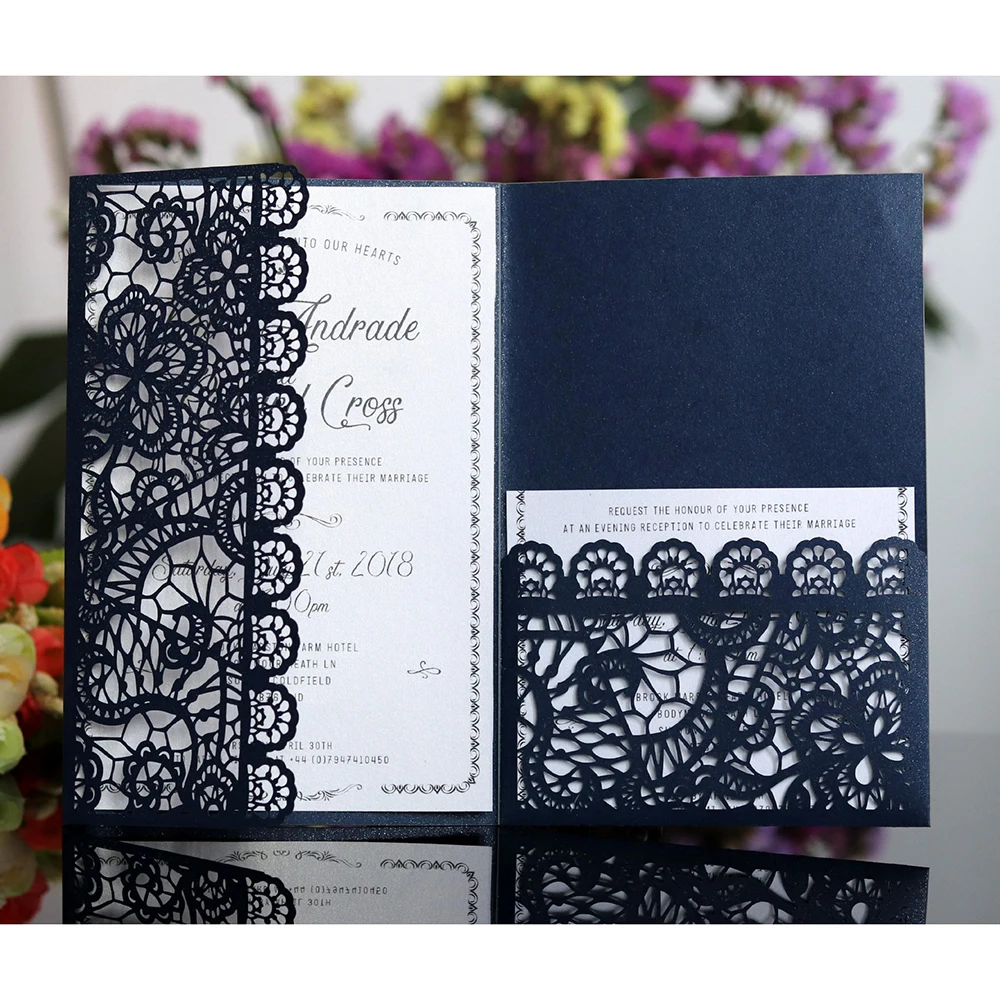  10 pieces Romantic Wedding Invitation Card Delicate Carved Small floral Pattern laser cut lace wedd - 4000400458962