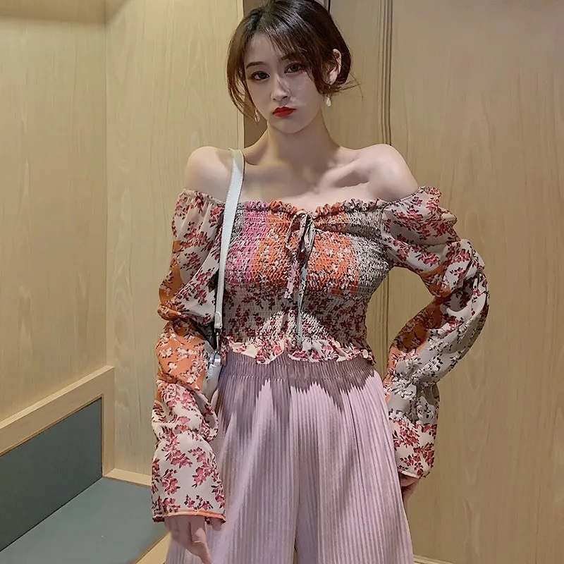 Women Blouses Sexy Korean Floral Patchwork Color Long Sleeve Chiffon Blouse One Size Femmes Shirt black long sleeve top