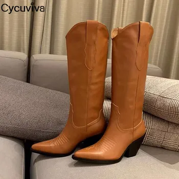 

Sexy Point Toe Leather Knee High Boots Women Chunky Heel Female Winter Long Boots Cowboy Knight Boots Woman Zapatos De Mujer