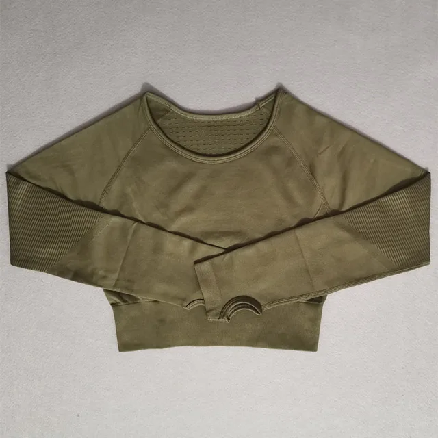 Army green top Новинка, Женский комплект для йоги из 2 предметов, одежда для спортзала, тренировок, с длинным рукавом, для фитнеса, укороченный полый топ+ высокая талия, энергетические бесшовные леггинсы, спортивный костюм - Цвет: Army green top