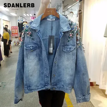 

Diamond Beaded Washed Denim Jacket Women's 2020 Spring New Oversize Jean Coat Short Jacket Female Streetwear Jackets