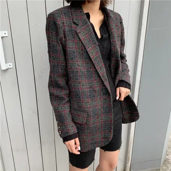 

Women Coat 2019 New Tweed Plaid One Button Wool Blazer