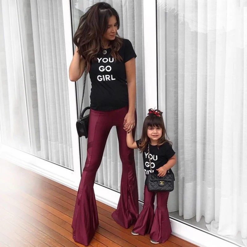 Parent-Child Flare Pants Mother Girls Fashion Solid Color Mid Elastic Waist Trousers