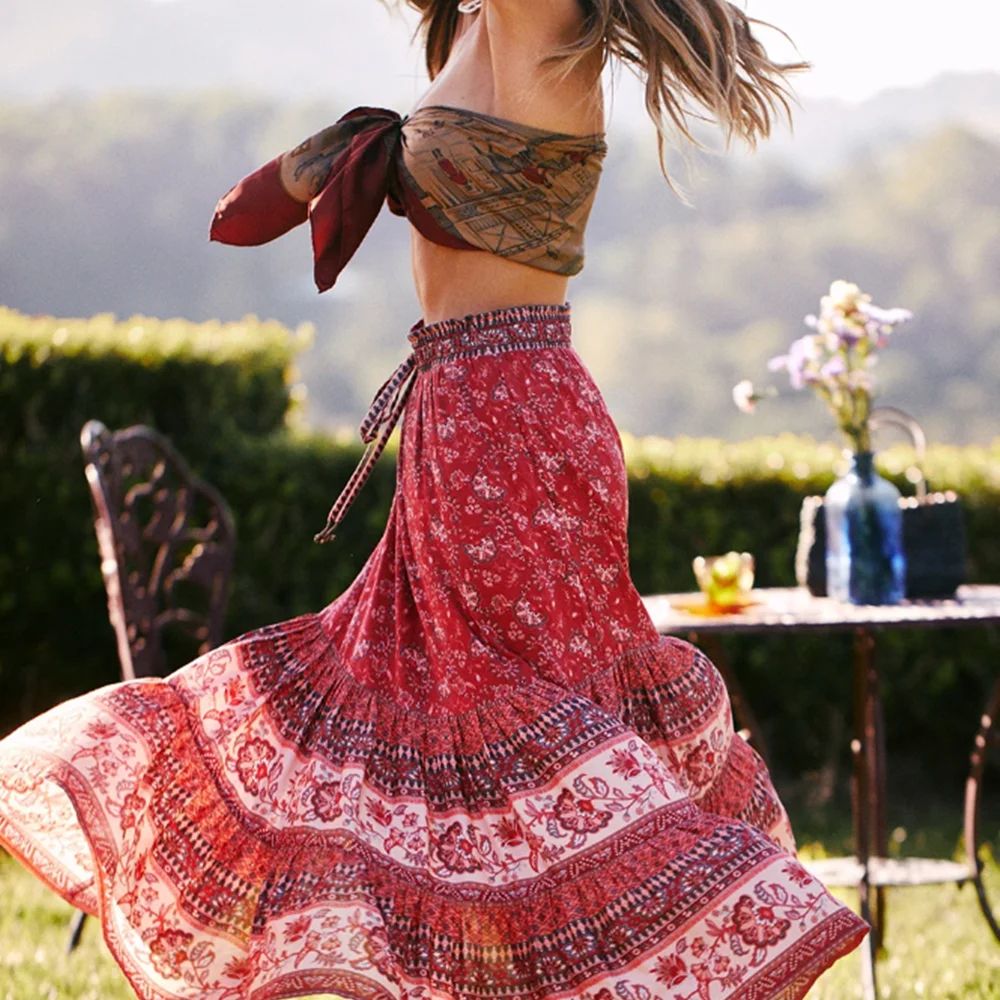 

Boho Skirt For Women 2019 Lilac Floral Print Autumn Skirt Elastic Waist Long Skirt Hippie Gypsy Maxi Women Skirt Falda W8589