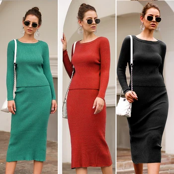 

2019 Autumn Sweater Knitted Two Piece Skirt Set Long Sleeve Sweater Tops And Mid Back Split Skirt Women Two Piece Outfits For OL