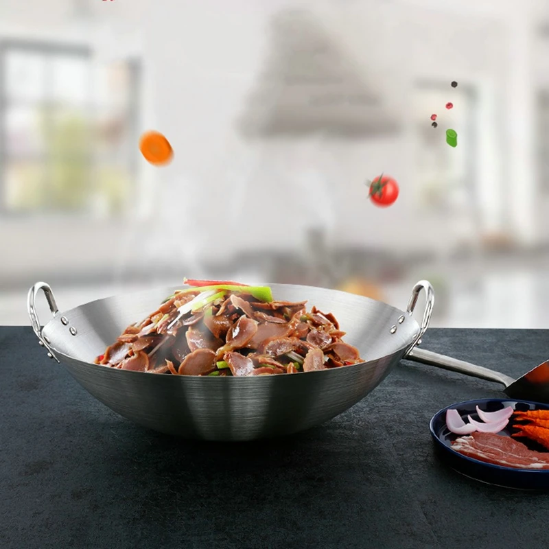 Нержавеющая сталь без покрытия Woks газовая плита традиционный горшок ручной работы с двойным ухом шеф-повара жарить ВОК