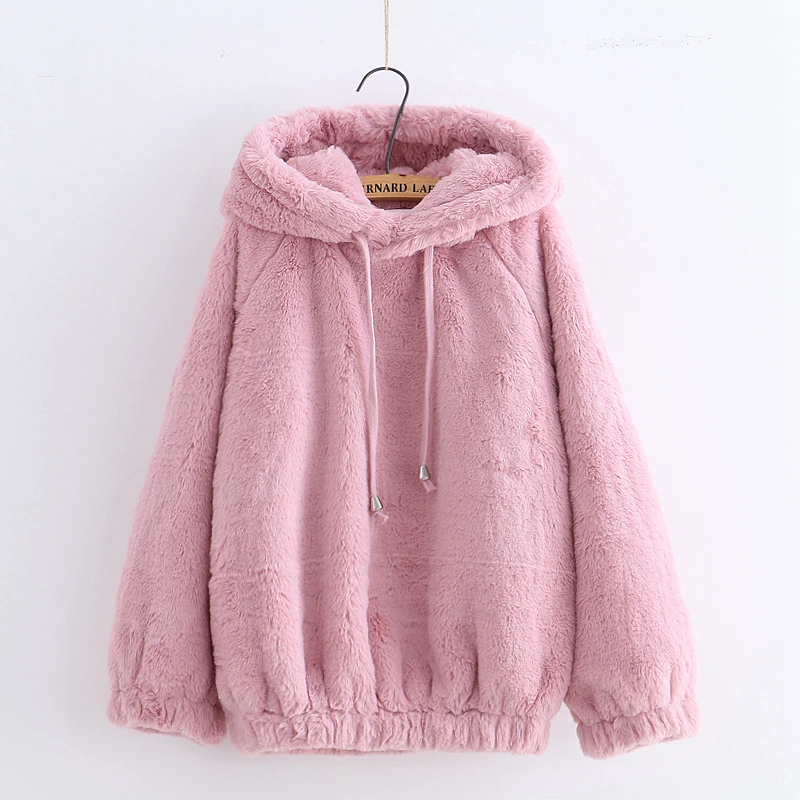 Розовый Harajuku Kawaii плюшевая толстовка с капюшоном, мягкий Зимний пуловер, Женская толстовка с медвежьими ушками, милая однотонная верхняя одежда, толстовки, свитшоты - Цвет: Розовый