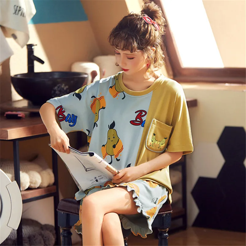 

Leisure 2020 summer new cartoon printing pajamas suit home service fashion style short sleeve shorts pajamas round neck L-2XL