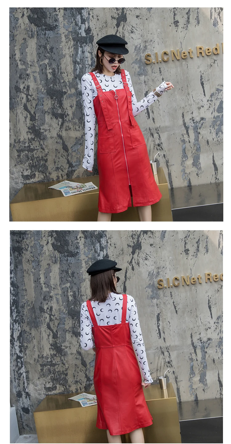 Genuine Leather Dress Elegant Slit Hem Zip Front Strap Sleevelss Long Dress Women Autumn Vintage Solid Slim Mid Calf Dresses