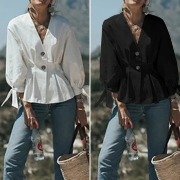 

Women Tops Blouses ZANZEA 2020 Fashion Puff Sleeve V Neck Shirts Elegant Solid Cotton Slim Waist Tunic Blusas Chemise Plus Size