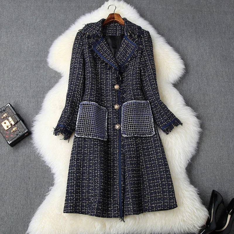 

Women winter tweed coat gold line plaid notched collar single breasted gold button tassel overcoats big embroidery velvet pocket