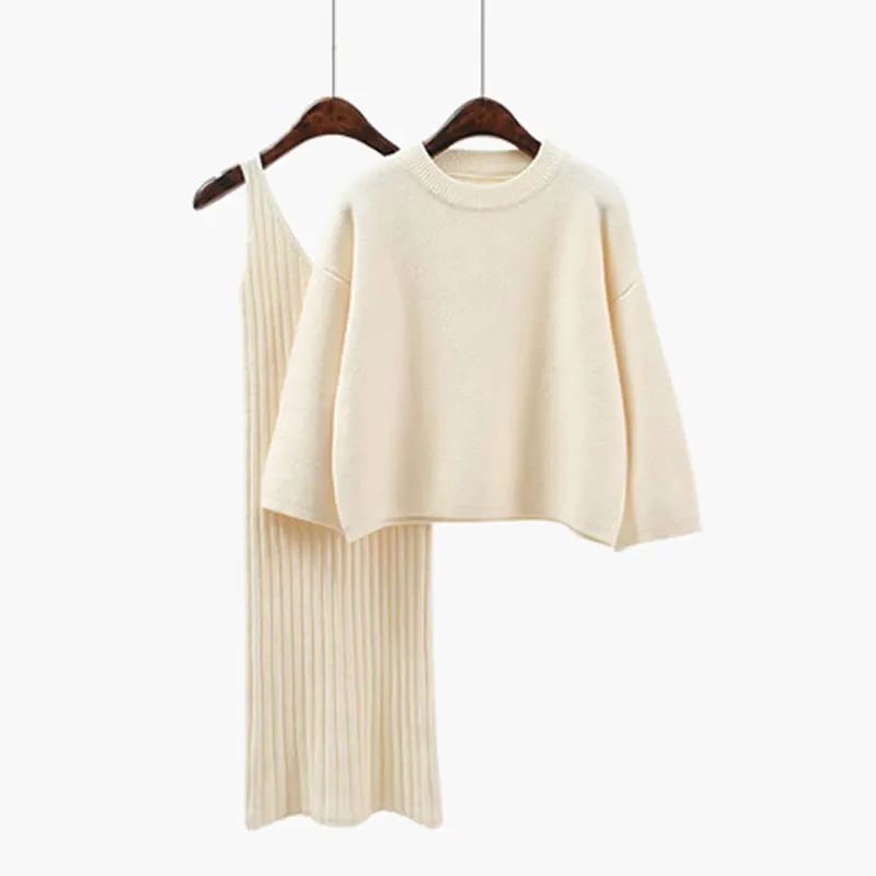 

2019 Autumn Womans Sweater + Straped Dress Sets Solid Color Female Casual Two-Pieces Suits Loose Sweater Knit Mini Dress Winter