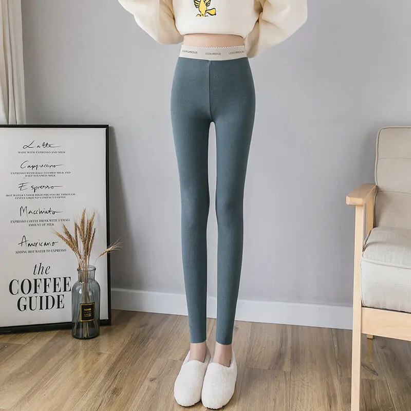 fog blue JORSEA размера плюс женские леггинсы для фитнеса зимние теплые двухсторонние флисовые бархатные леггинсы Femme эластичные узкие брюки - Цвет: fog blue
