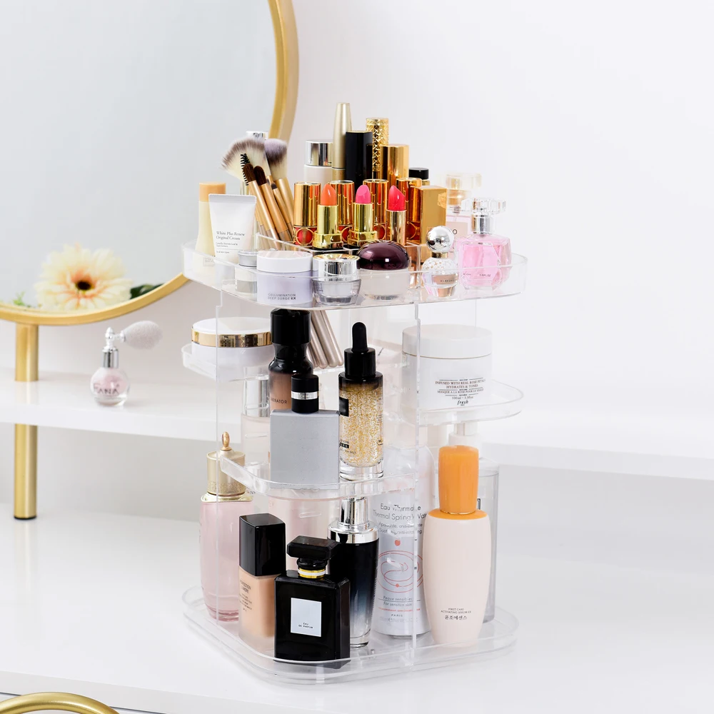 

Makeup Organizer 360 Degree Rotation Makeup Organizer Multi-Functional Cosmetic Display Case DIY Adjustable Height Storage Box