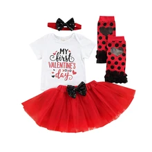 Emmababy Pelele de manga corta para niña, traje con estampado del Día de San Valentín, Falda corta de malla roja, diadema con nudo de lazo y pierna de puntos, 2022