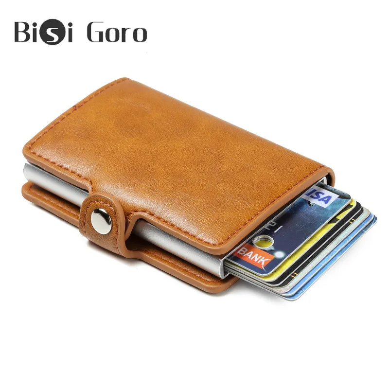 

BISI GORO Unisex RFID Blocking Business Card Holder Aluminium Box Buckle Vintage PU Leather Metal Men Solid Slim ID Card Case
