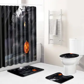 

4Pcs Halloween Bathroom Set Horror Pumpkin Pattern Waterproof Shower Curtain Toilet Cover Mat Non Slip Rug For Home Decoration