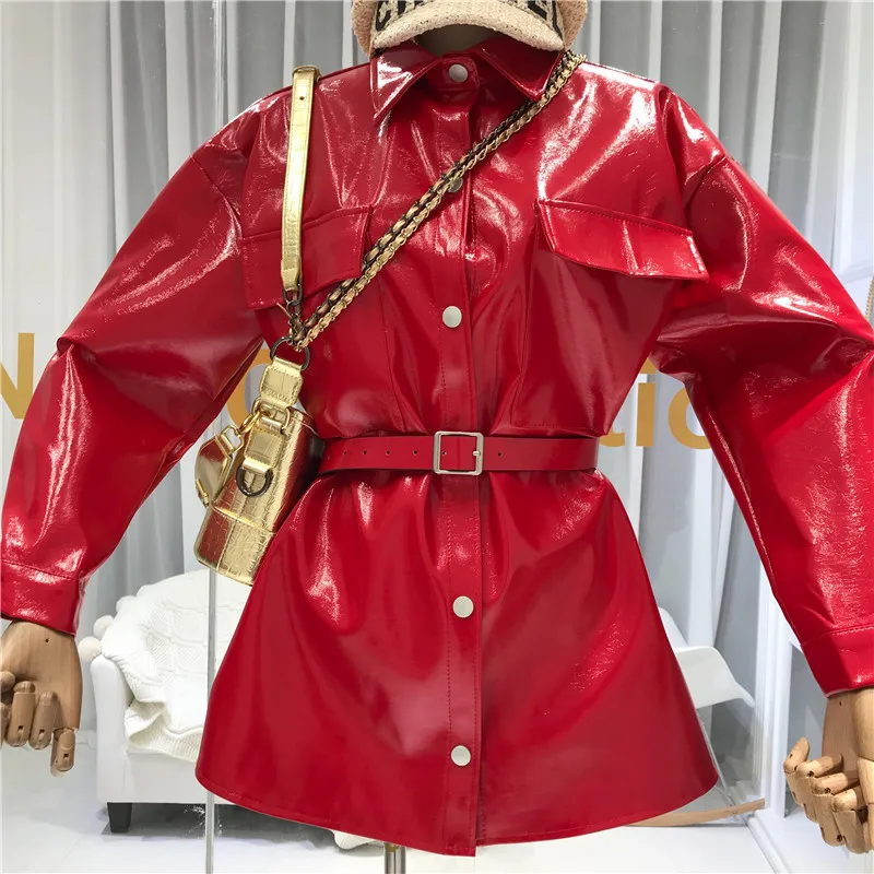 ALPHALMODA осень дизайнерский привлекательный пояс-завязывается яркая одежда из искусственной кожи средней длины пальто Женская мода PU куртка