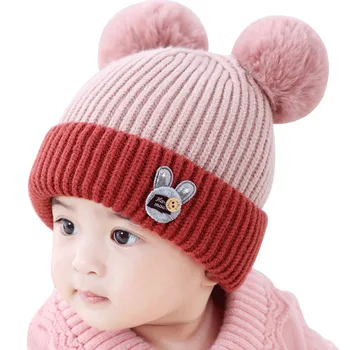 

Winter Newborn Cute Warm Kids Girls Boys Baby Cartoon Bear Hats Knitted Wool Hemming Caps With Ball #9