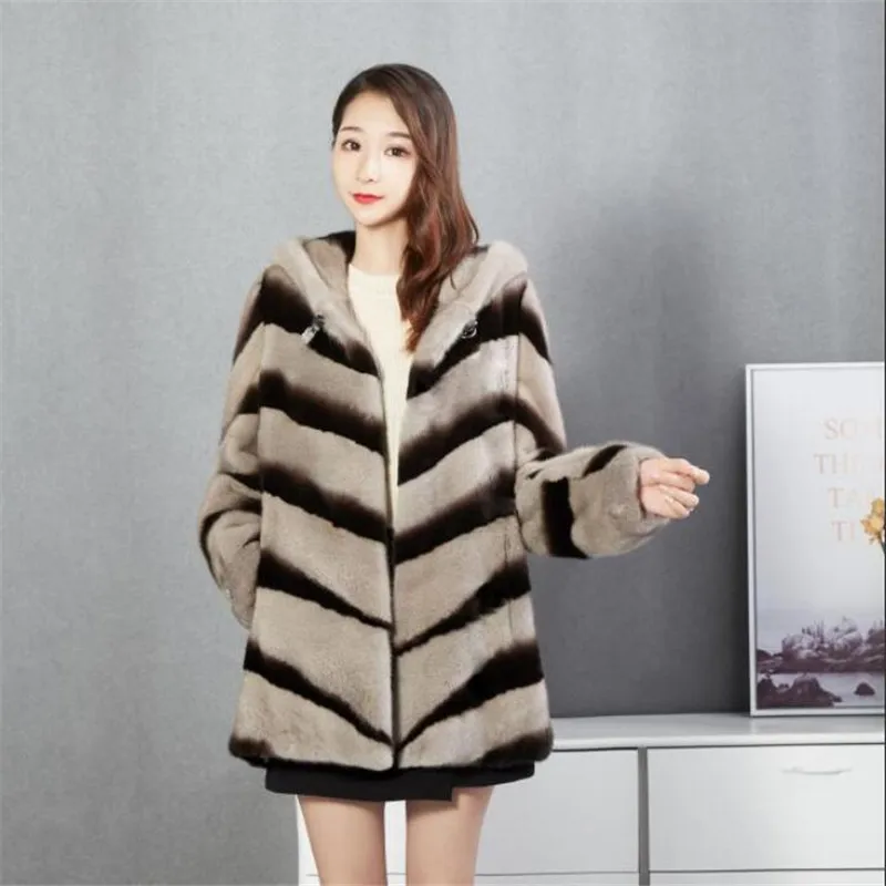 Photo Color New imitation mink fake fur coat female middle long hooded fashion warm coat female high quality Large size fur coat G1141 - Цвет: Photo Color