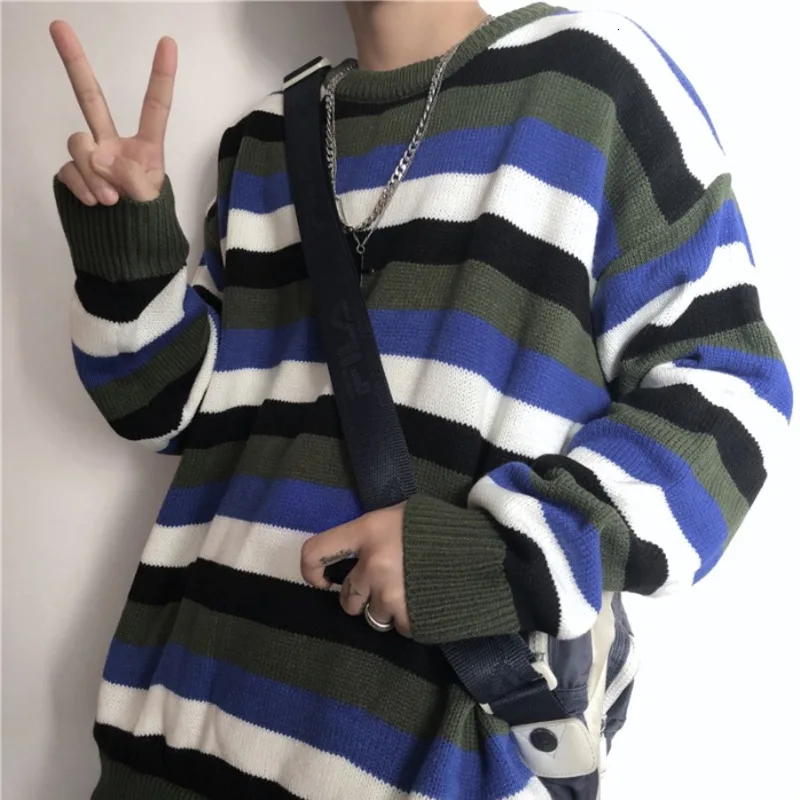 Winter Striped Sweater Men Warm Fashion Contrast Color Casual Knit Sweaters Man Sweter Clothes Loose Long-sleeved Pullover Men