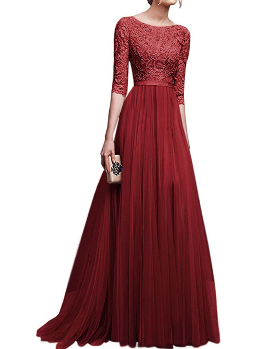 YULUOSHA кружевное вечернее платье с длинными рукавами бордовое ТРАПЕЦИЕВИДНОЕ шифоновое элегантное Бальное Платье vestidos De Fiesta De Noche - Цвет: burgundy