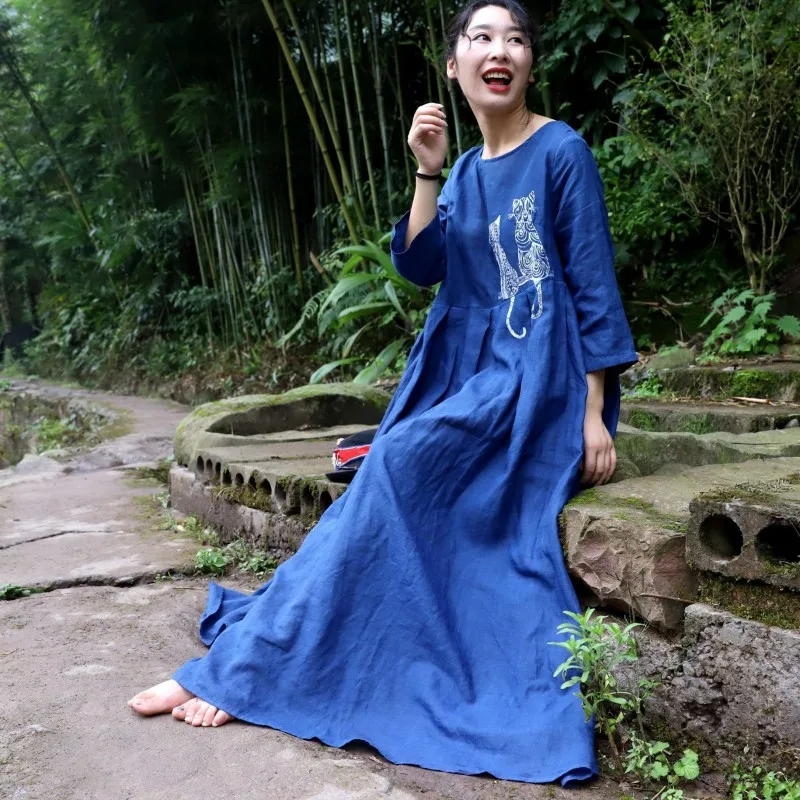 Vintage New Women Top Quality Cotton Linen Maxi Long Dress Ankle Length Handmade Plant Dyeing Kawaii Cat Printed Loose Fit Dress
