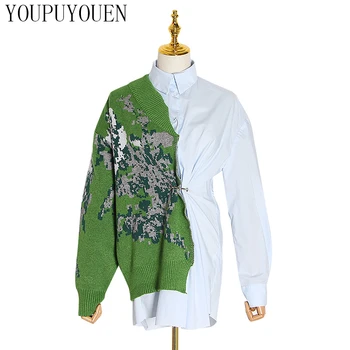 

2020 Spring Stitching Shirt Sweater Retro Long Sleeve Knitted Tops Women Fashion Lapel Knitwear Ladies Vintage Blouse Clothes