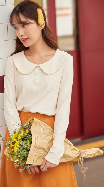 INMAN 2020 Autumn Winter New Arrival Skirt High Waist Pure Cotton Embroidered Elastic Waist Solid Color Temperament Skirt