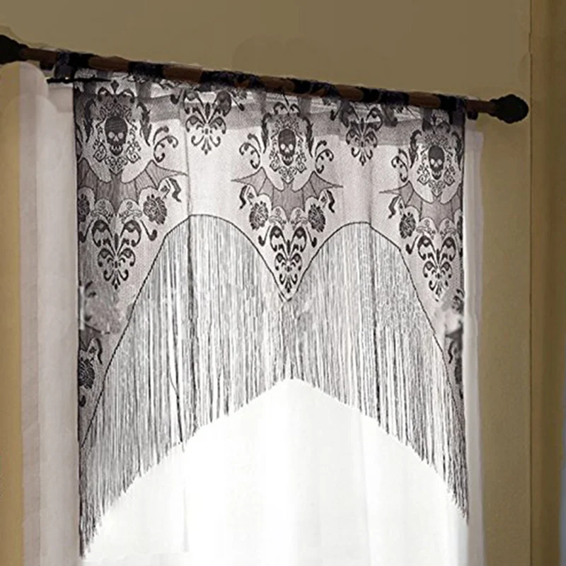 Halloween Curtain Black Lace Tassel Curtain Skull Window Curtain