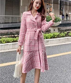 

winter pink plaid tweed wool dresses double breasted women dress