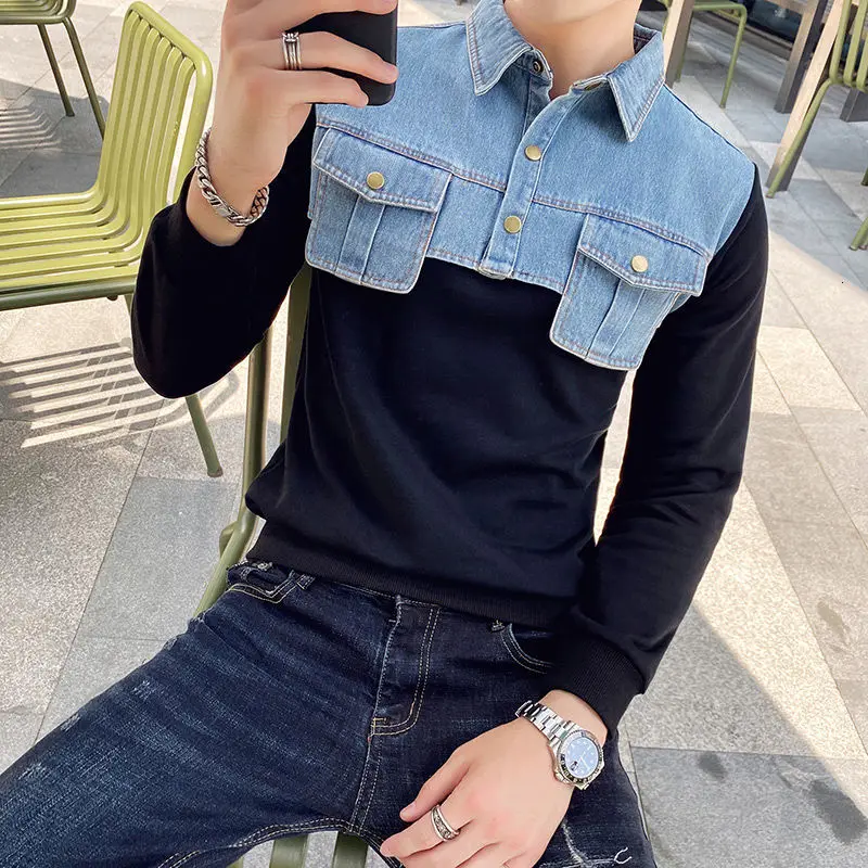 Autumn Men's Hoodies British Sudaderas Hombre Streetwear Korean Style Solid Color Slim Fit Stitching Denim Trendy Men Sweatshirt | Мужская