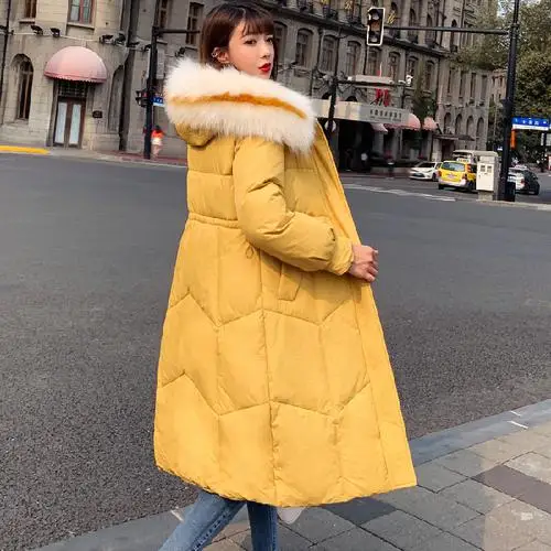 Big Fur Winter Coat Thickened Parka Women Stitching Slim Long Winter Coat Down Cotton Ladies Down Parka Down Jacket Women - Цвет: Цвет: желтый