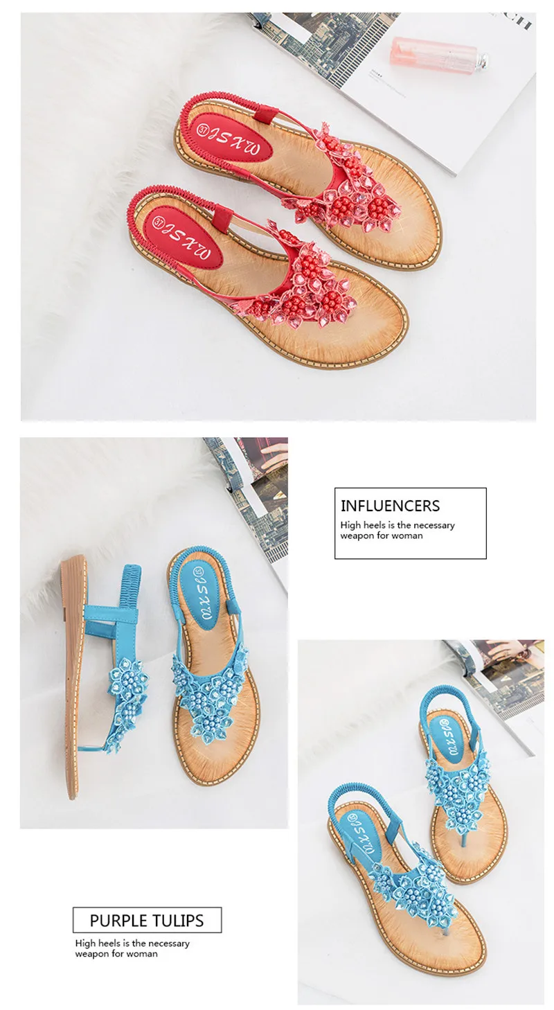 YAERNI Women Sandals New Fashion Bead Flower Round Toe Flip-flop Sandals Female Trend Summer Shoes Woman Plus Size 36-42