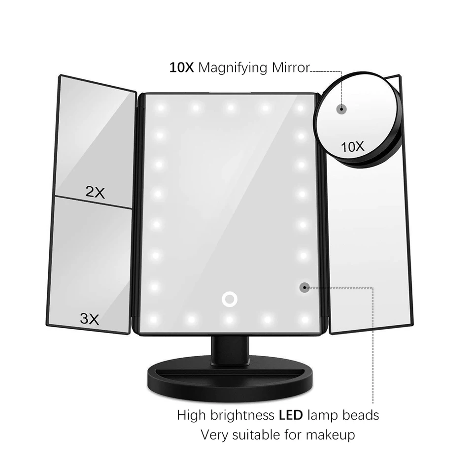 Specchio Da Trucco Con Luci LED E Ingrandimenti 1X/2X/3X/10X – Touch Screen Con Luminosità Regolabile, Alimentazione USB/Batteria, Base Rimovibile, Bianco - 4