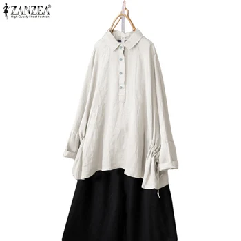 

ZANZEA Women's Blouse 2020 Vintage Shirt Plus Size Female Cotton Solid Side Strappy Buttons Front Blusas Work Office Tunic Tops