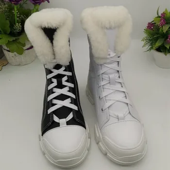 

2020 Winter Plus Fur Ankle Boots Women Thick Bottom Waterproof Snow Boots Lace Up Mixed Color Genuine Leather Luxury Brand Shoes